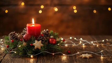 A single red pillar candle is burning brightly in a small Advent wreath of pine branches and pinecones, set on a rustic wooden table with scattered star cookies and blurred string lights in the backgr