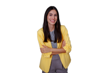 Businesswoman standing, arms crossed, smiling confidently on transparent background, portraying success and professionalism