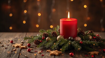 A single red pillar candle is burning brightly in a small Advent wreath of pine branches and pinecones, set on a rustic wooden table with scattered star cookies and blurred string lights in the backgr