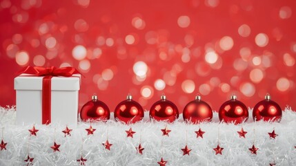 A vibrant red backdrop with shimmering bokeh effects features six glossy red Christmas baubles and a white gift box sitting on a bed of fluffy white tinsel adorned with red star confetti.