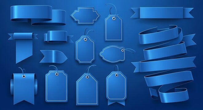 Collection of various blue metallic ribbons and tags on a dark blue background