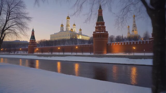 Moscow Kremlin Winter Twilight Riverbank Snowfall Golden Domes Illuminated Towers Historic Architecture Evening Lights Serene Landscape