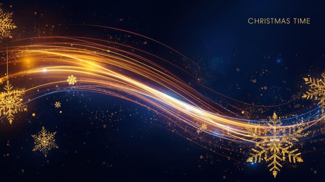 Abstract Festive Light Trails. A dark blue/black background featuring a dynamic, swirling pattern of golden and blue light trails with accompanying sparks and gold snowflakes, centered by small text r - Powered by Adobe