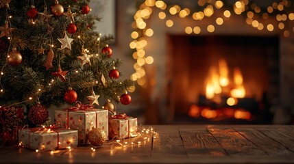 Cozy Christmas Fireplace Scene. A warm, indoor scene featuring the base of a decorated Christmas tree with red ornaments and lights, gifts on a wooden table, and a glowing, blurred fireplace in the ba