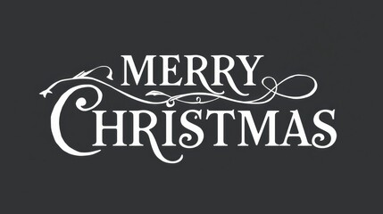 Elegant Merry Christmas Typography. A centralized design featuring the text "MERRY CHRISTMAS" in a decorative, white serif font with flourishes and swirls, set against a solid dark grey/charcoal backg