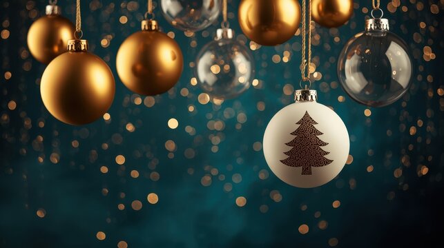 Hanging Teal and Gold Ornaments. Four Christmas ornaments (two gold, one clear, one white with a gold tree decal) suspended by strings against a dark teal background with heavy golden bokeh and glitte