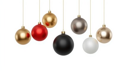 Hanging Matte and Metallic Ornaments. A line of seven Christmas baubles in various matte and metallic colors (gold, red, black, silver/taupe, white) suspended by thin strings against a pure white back