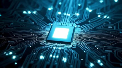 Futuristic glowing microchip processor animation with blue neon circuits, digital technology background, cyber ai computing power, virtual data flow, modern electronic innovation tech motion - Powered by Adobe