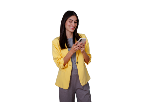 Woman smiling, casually dressed, using smartphone for texting and social media, networking with digital technology