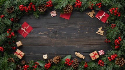 Rustic Christmas Wreath Frame. A flat lay image featuring a dark, rustic wooden background framed by an oval border of evergreen branches, red berries, and scattered small elements like pine cones, ti