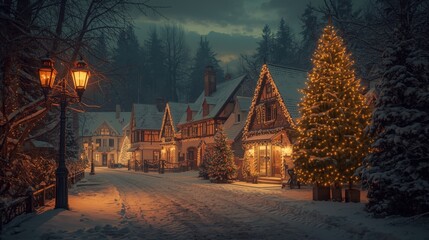 Cozy Winter Village Night. A digitally painted scene of a charming, snow-covered European village street at twilight, with warm light spilling from the half-timbered houses, a glowing street lamp, and