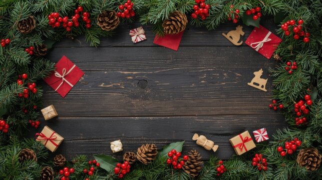 Rustic Christmas Wreath Frame. A flat lay image featuring a dark, rustic wooden background framed by an oval border of evergreen branches, red berries, and scattered small elements like pine cones, ti