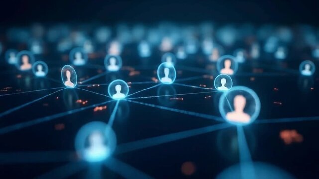 Futuristic social network connection animation with glowing blue digital people icons, virtual communication technology background, global data sharing system, cyber community network motion - Powered by Adobe