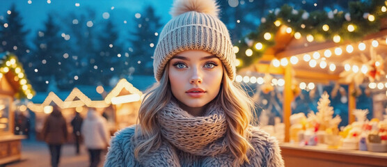 Winter Wonderland Stroll: A beautiful woman in a winter attire is exploring through a cozy winter village market, surrounded by magical light and festive decorations. 