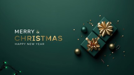 Luxury Green Christmas Banner. A dark emerald green background featuring two elegant gift boxes wrapped in gold ribbons, positioned next to the stylized golden and white text "MERRY CHRISTMAS HAPPY NE