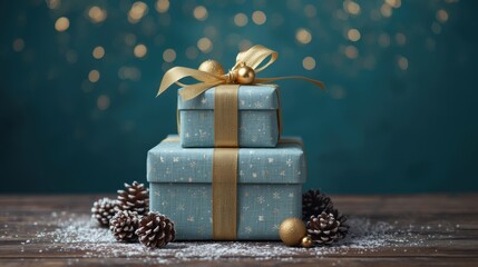 Stacked Christmas Gifts. Two aqua-colored, polka-dotted gift boxes tied with ribbon (the top one having a cream bow) are stacked on a wooden surface dusted with snow, flanked by pine cones, against a 