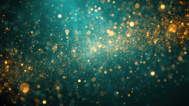 Teal and Gold Glitter Background. An abstract background featuring a dark teal/turquoise color palette with bright central light and golden, glowing particles and bokeh effects scattering across the f