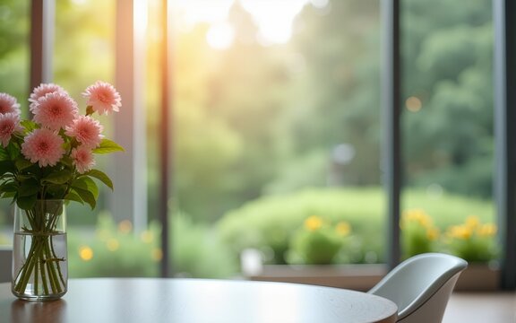 flower in a vase, flowers in a window, flowers in the garden, Soft focus on an empty, contemporary office area with expansive windows promoting a connection to nature. High quality