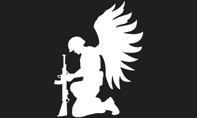 Fallen Soldier Silhouette Tribute – Memorial Warrior with Angel Wings Design