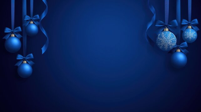 Elegant Blue Holiday Backdrop. Deep blue background featuring hanging Christmas ornaments, including solid blue baubles and silver snowflake-patterned ones, suspended by matching blue satin ribbons ti