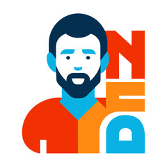 Stylized bearded man avatar with colorful 'nfd' graphic illustration