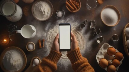 Overhead view of hands holding smartphone amidst baking ingredients flour sugar eggs cinnamon sticks cookie cutters and milk preparing for holiday cookie baking recipe search cozy winter atmosphere - Powered by Adobe