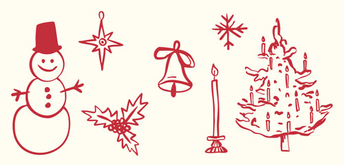 Whimsical winter christmas tree snowman doodle sketch vector illustration. Holiday line art simple party decoration for new year. Minimalist snowflake outline set. 