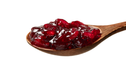 A spoonful of red berry jam glistening on a wooden spoon against a stark black background scene view