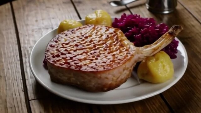Schweinebraten mit Kn&ouml;del und Rotkohl
