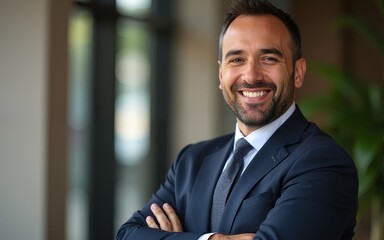 Elegant Hispanic Executive Portrait in Soft Focus Office Environment with Ample Copy Space. High quality