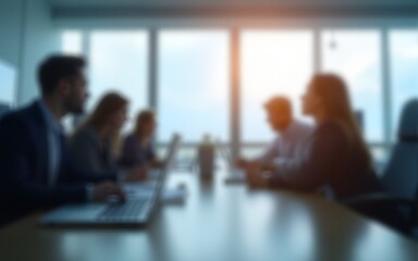 blurred office interior space with people working and meeting business collaboration concept abstract background soft focus photography. High quality
