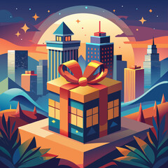 A gift box in a city landscape with stars in the sky