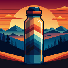 Retro bottle with mountain landscape and sunset design