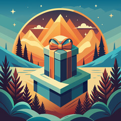 Illustration of gifts with mountain and forest scenery