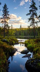 Serene Forest Lake Scenery at Dawn.