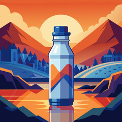 Bottle with mountain design in a landscape setting art