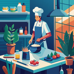 Chef cooking in a kitchen with plants and ingredients