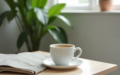 Cozy Coffee Cup on Minimalist Table with Beautiful Green Plants in Soft Focus. High quality