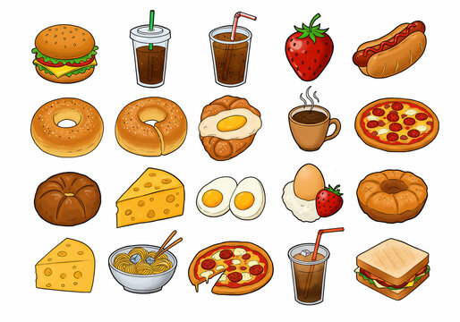 An assortment of cartoon-style food illustrations, including a burger, drinks, strawberry, hotdog, bagels, croissant, coffee, pizza, bread, cheese, eggs, noodles, and sandwich.