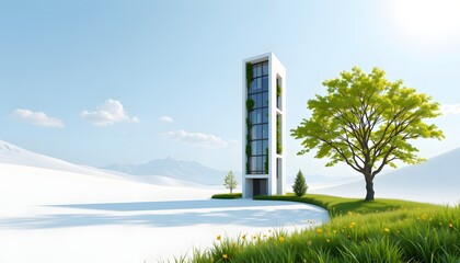 Modern Eco-Friendly Tower Surrounded by Green Grass and Tree Under Bright Blue Sky