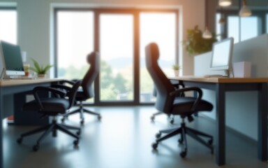 Soft focus office interior image showcasing desks and chairs for a professional atmosphere. High quality