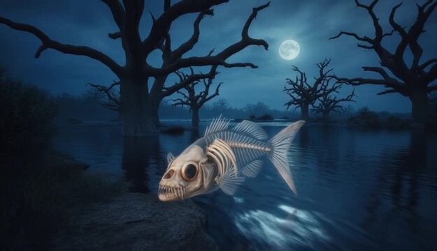 Ghostly skeletal fish swims in eerie swamp under full moon spooky scene animation