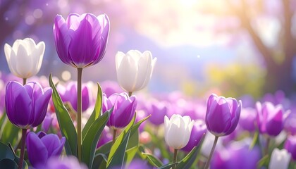 Purple and White Tulips in Springtime.