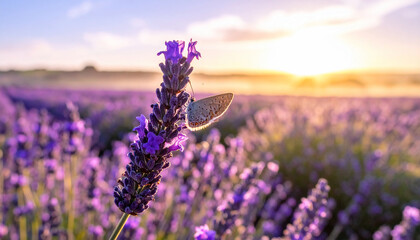 Lavender Field at Sunset with Butterfly