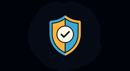 Vivid flat design icon of a shield with a checkmark inside, symbolizing security, protection, and verification, set against a dark background. This graphic represents concepts of safety, trust, and