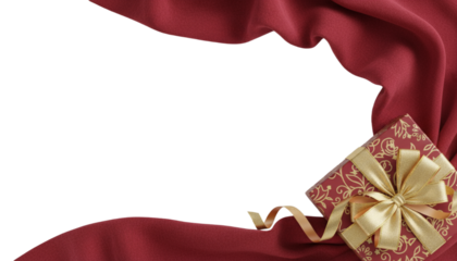 Red banner with gold gift and pine accents in corner.