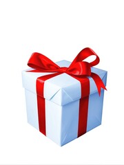 Obraz premium Decorative Blue Gift Box with Red Ribbon Bow Positioned Elegantly on a White Background