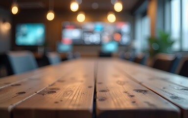 Rustic wooden table with a clean surface, blurred high-tech office interior, glowing monitors in soft focus, natural daylight. High quality