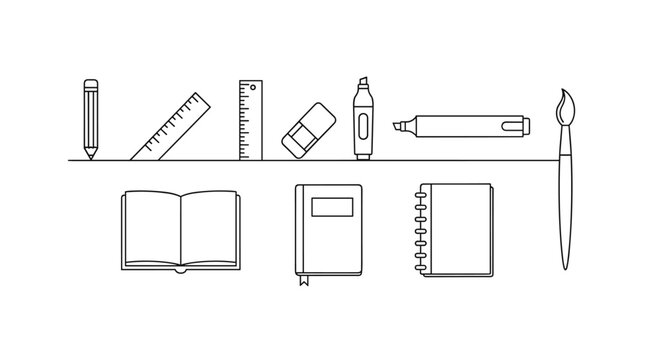 A minimalist line icon set featuring essential drawing and writing tools, including a pencil, angled ruler, vertical ruler, eraser, liner marker, highlighter, open sketchbook, closed notebook, and