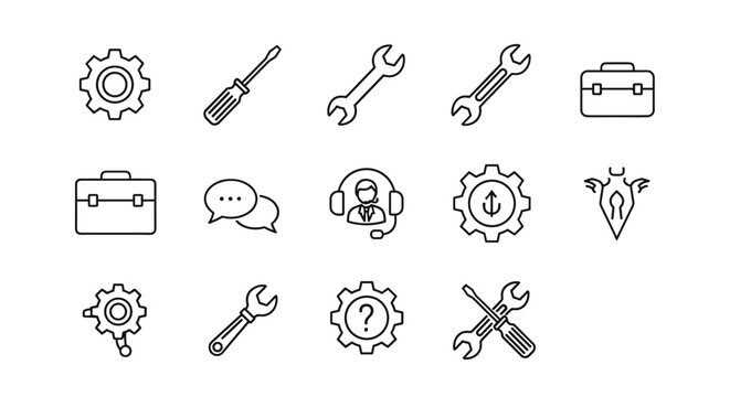 A collection of thin black line icons representing tools and services, including gears, screwdrivers, spanners, a briefcase, chat bubbles, a customer support agent with headphones, and a question